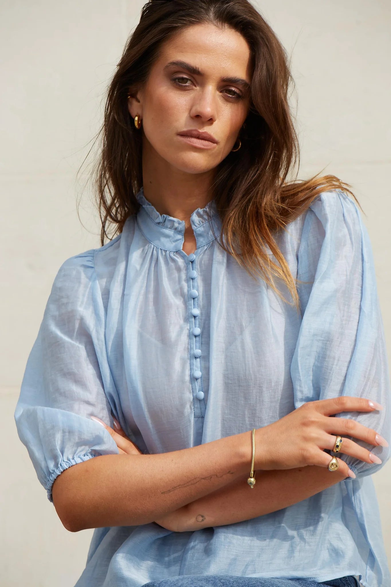 Closure Pale Blue Sheer High Neck Buttoned SS Top