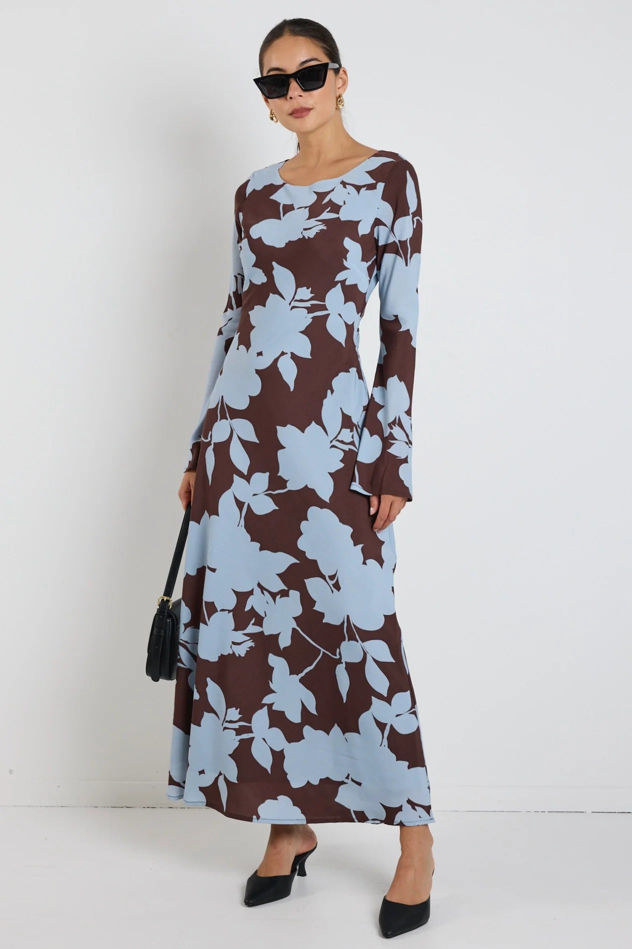 Luminous Brown Blue Floral Fluted Sleeve Bias Maxi Dress