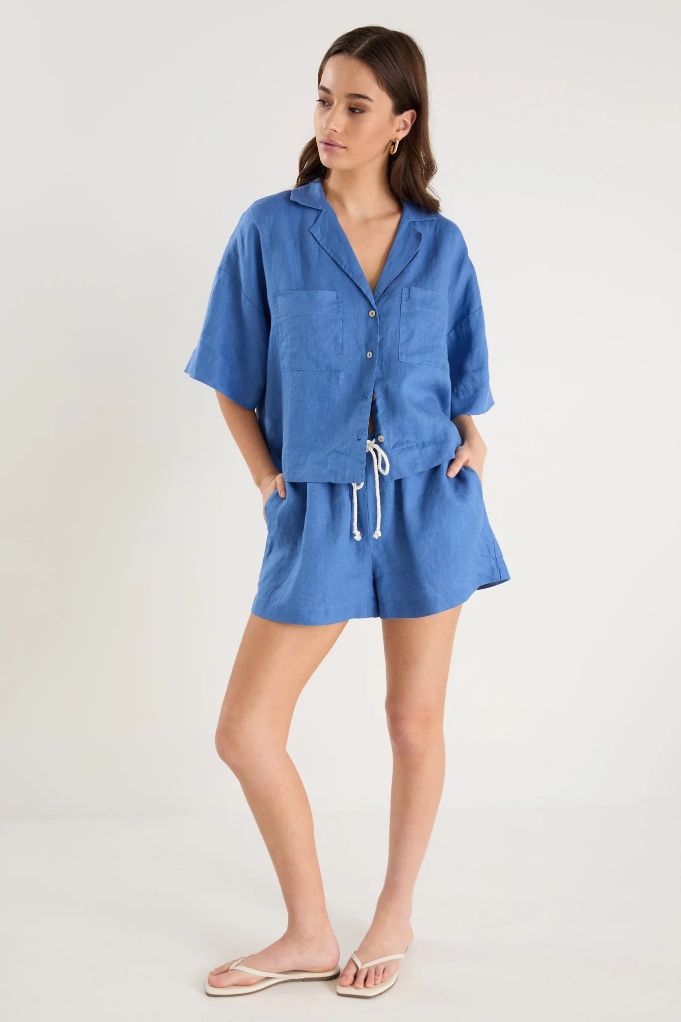 Meander Cornflower Blue Linen Boxy SS Shirt