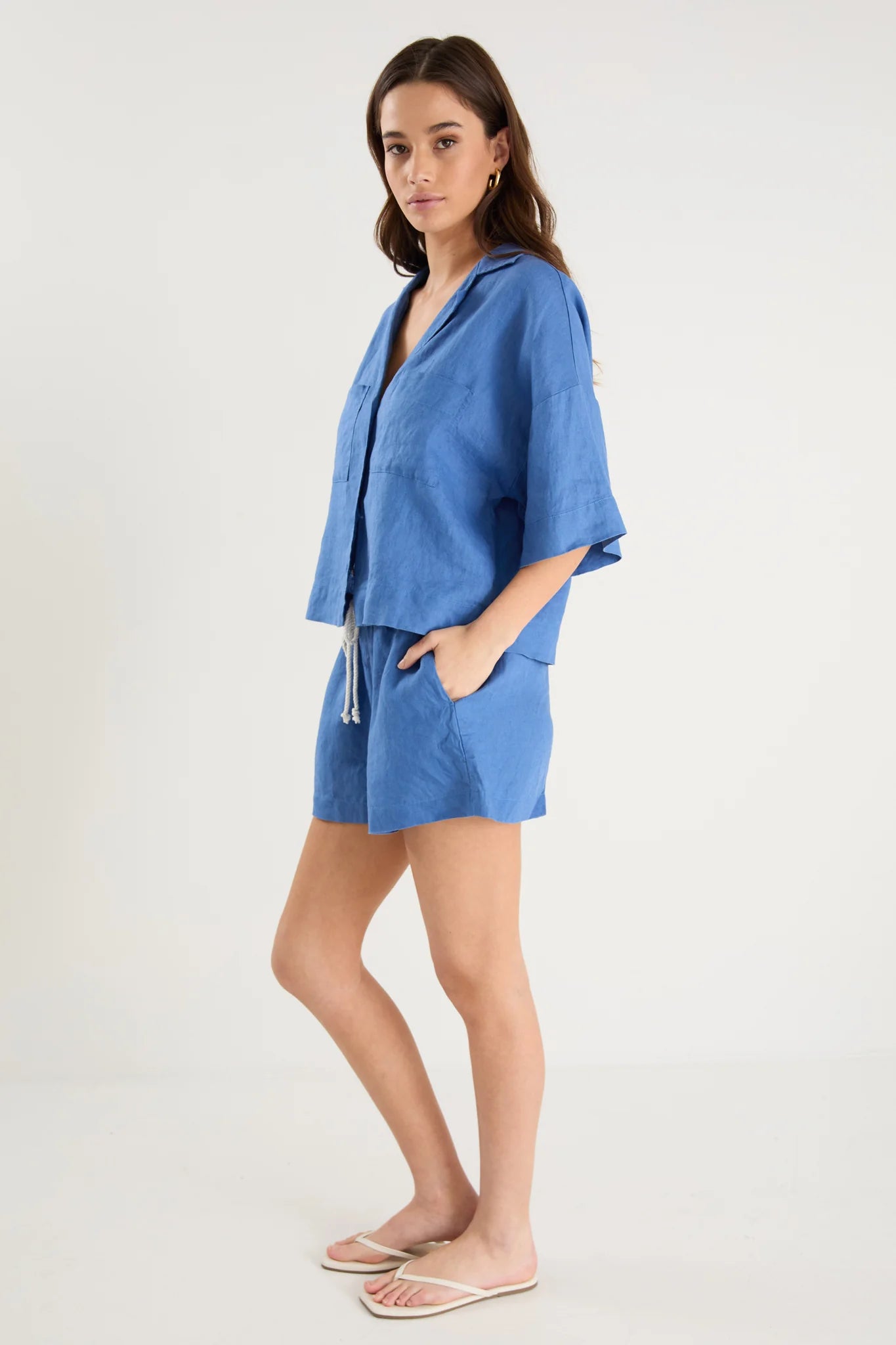 Meander Cornflower Blue Linen Boxy SS Shirt