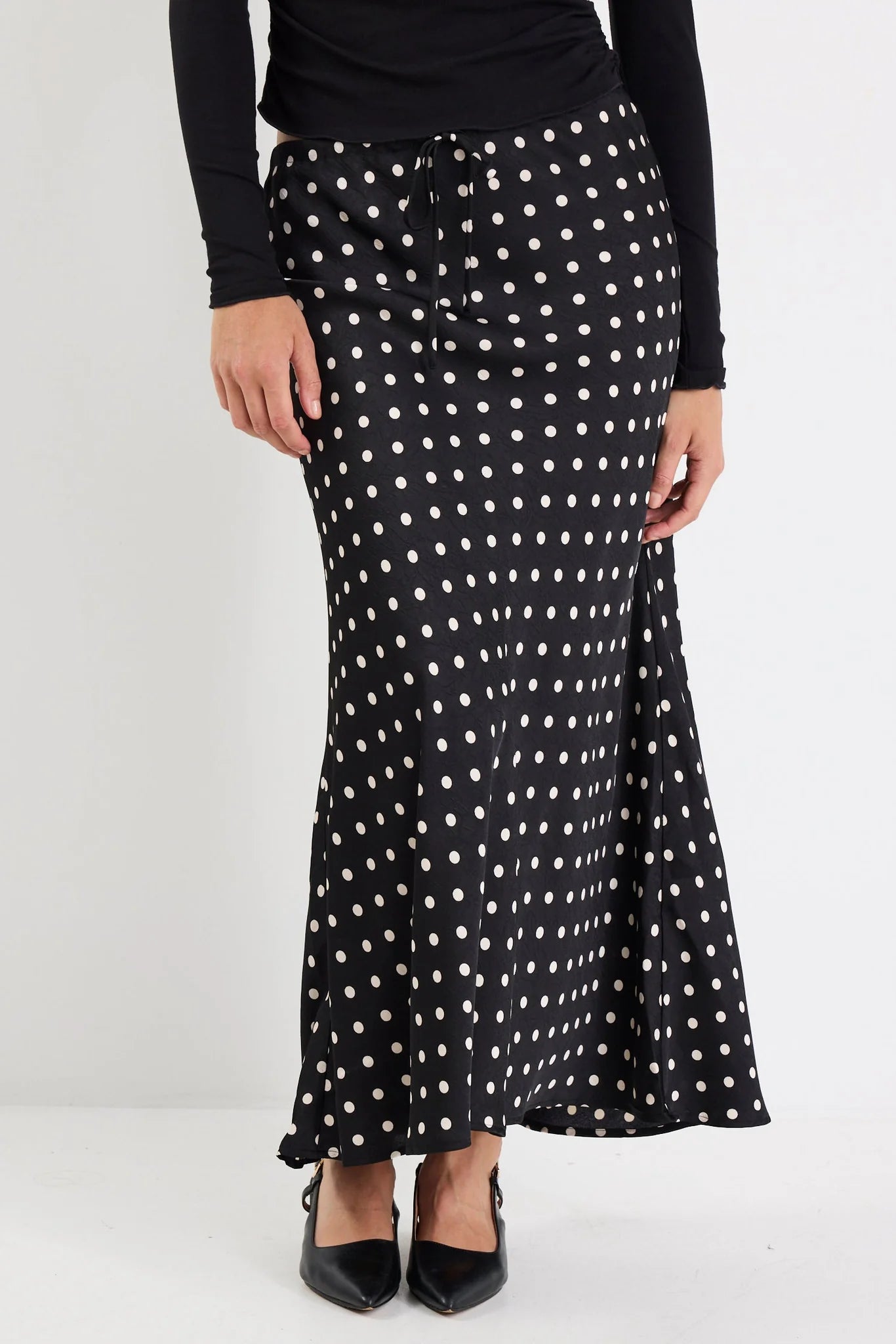 Rarity Black White Polka Dot Satin Tie Waist Bias Maxi Skirt