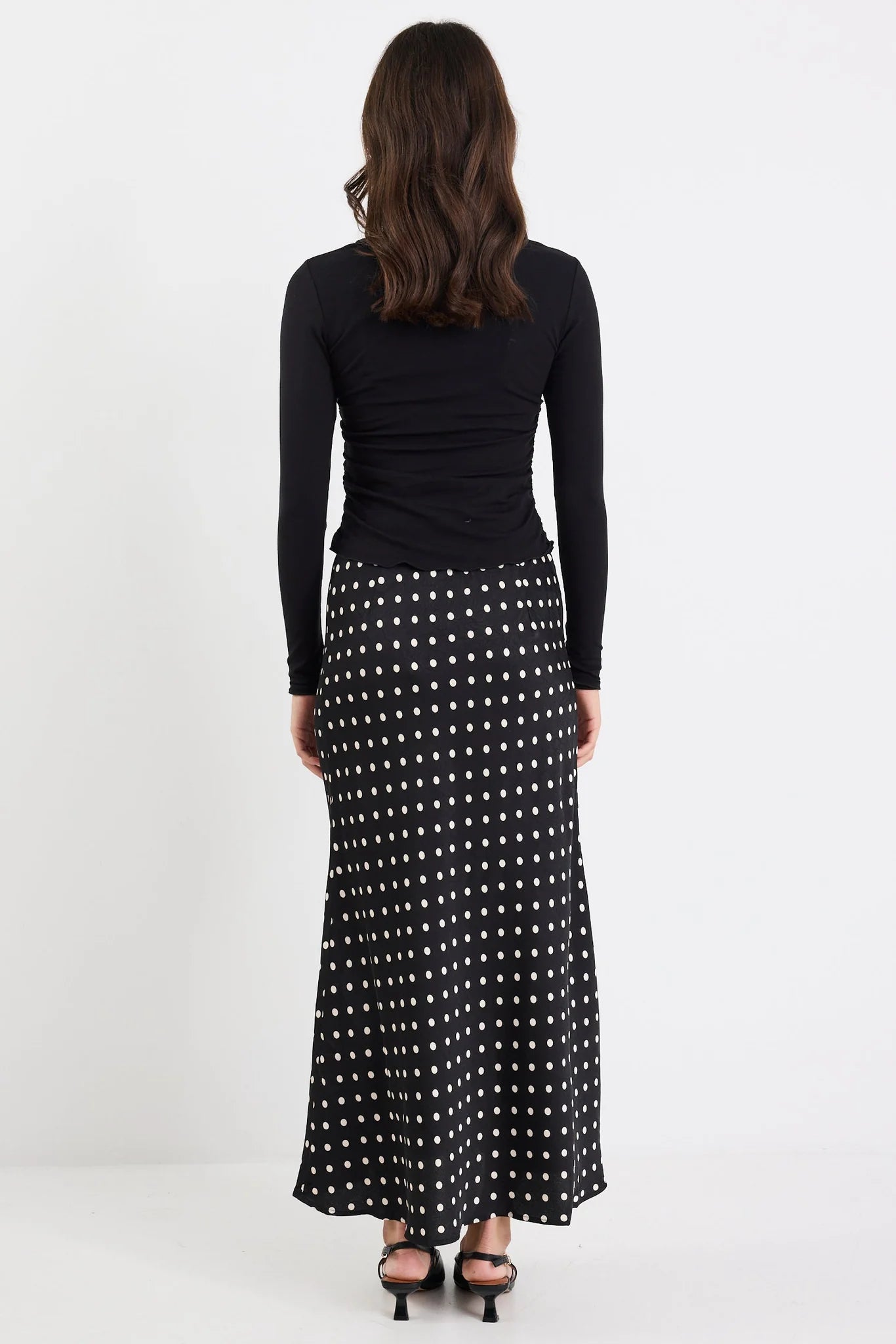 Rarity Black White Polka Dot Satin Tie Waist Bias Maxi Skirt