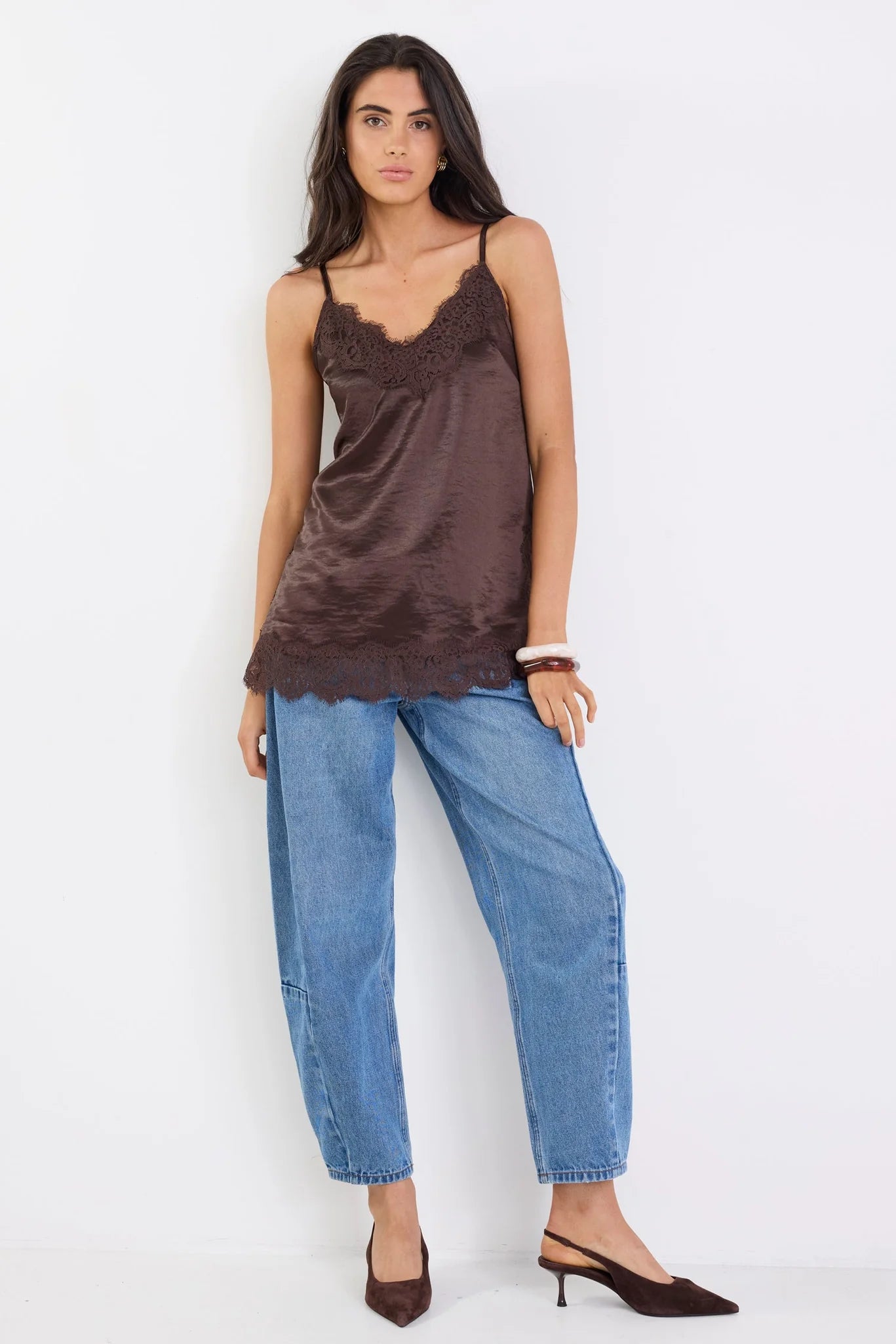 Noir Chocolate Satin Lace Trim Cami