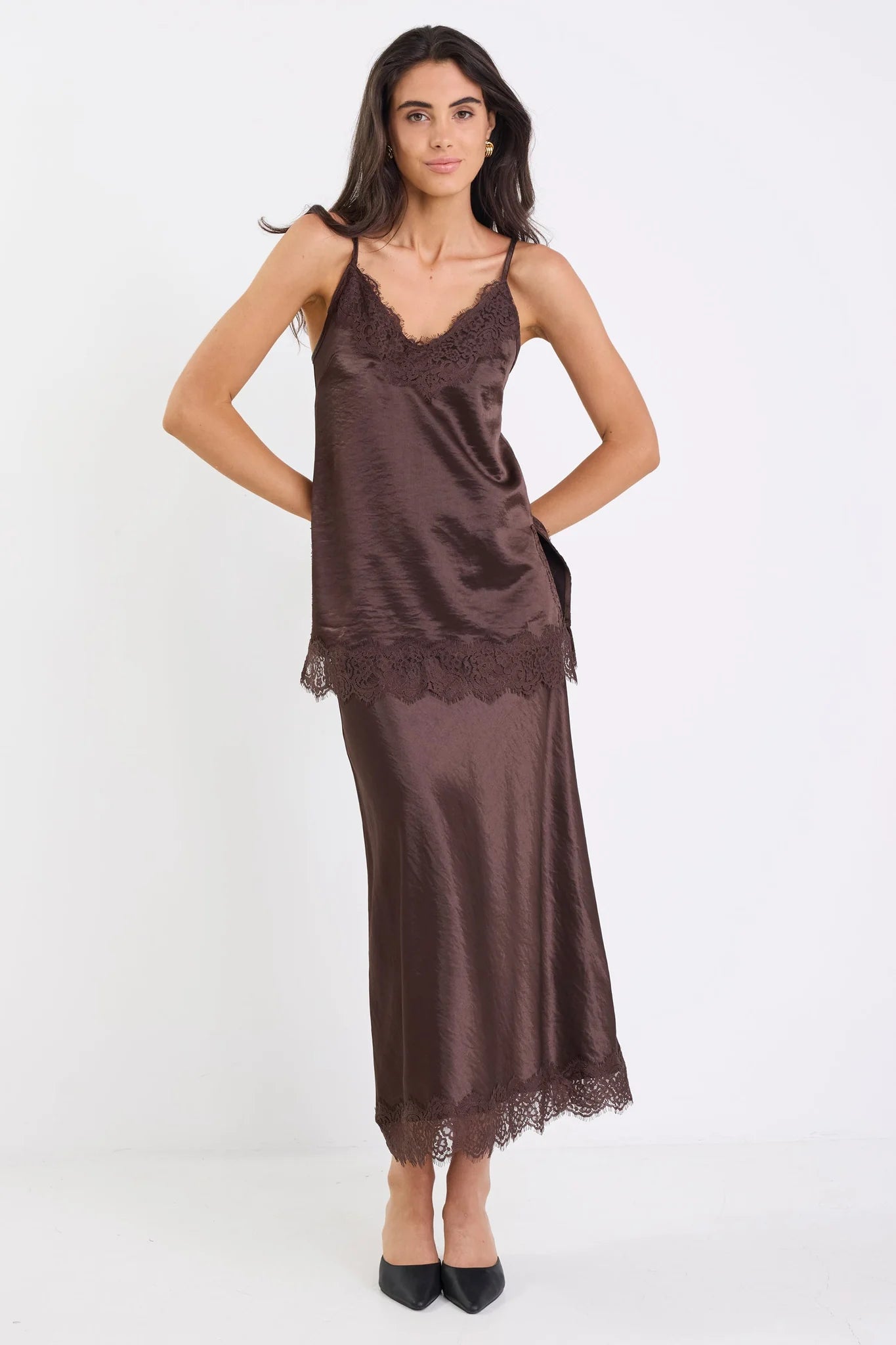 Noir Chocolate Satin Lace Trim Cami