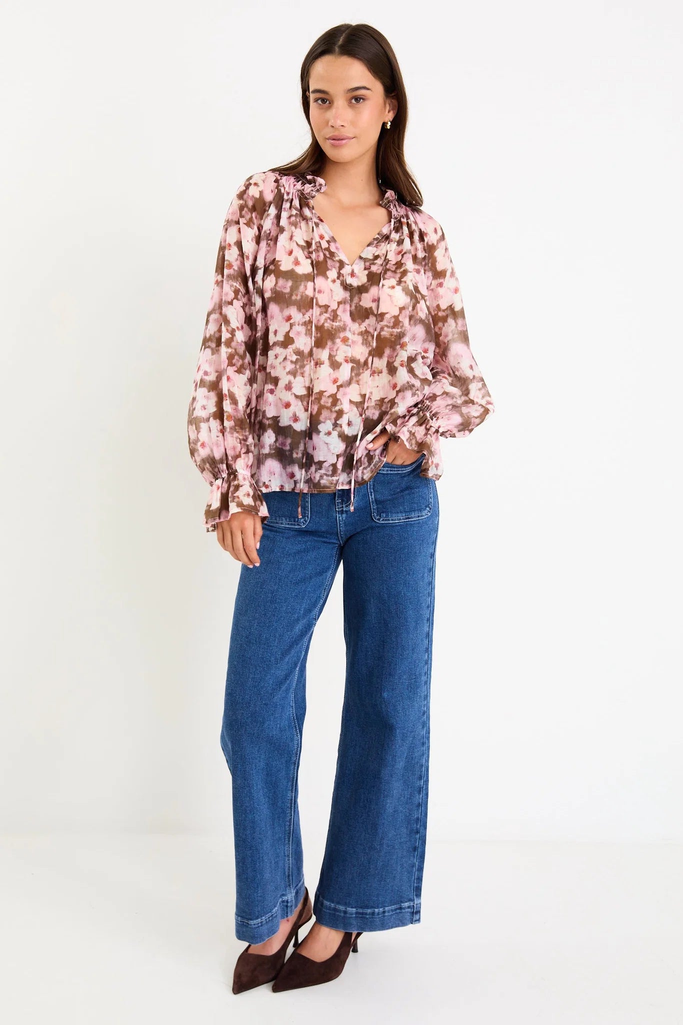 Odyssey Blush Chocolate Floral Shirred Neck LS Top