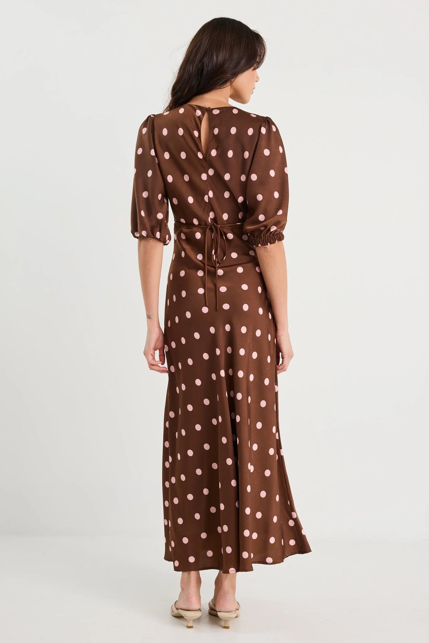 Paramour Chocolate Polka Dot Satin Puff Short Sleeve Bias Maxi Dress