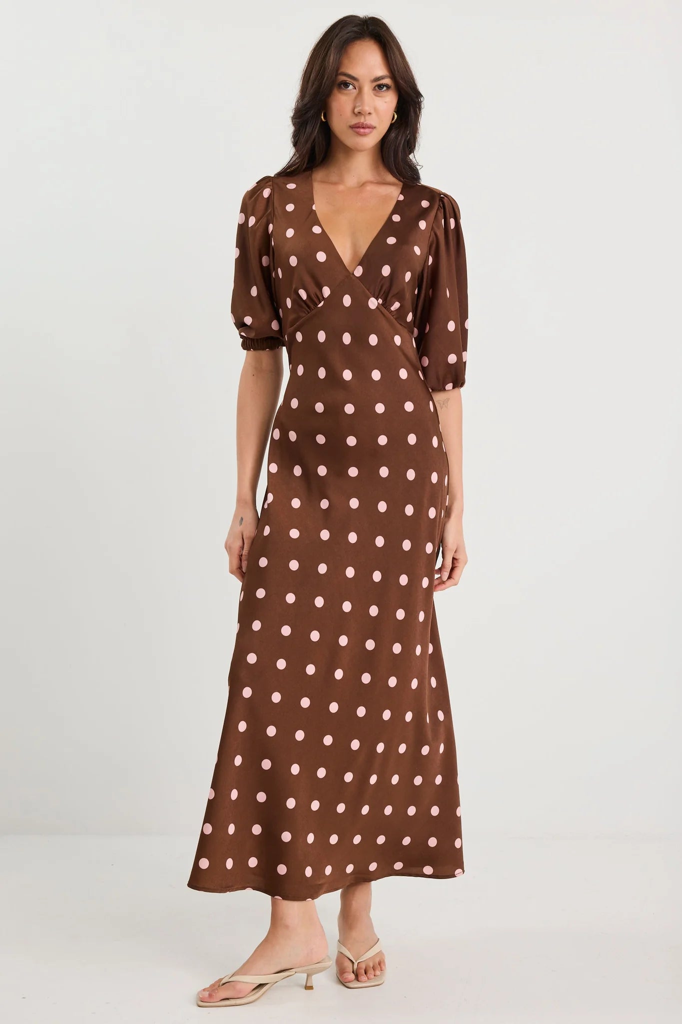 Paramour Chocolate Polka Dot Satin Puff Short Sleeve Bias Maxi Dress