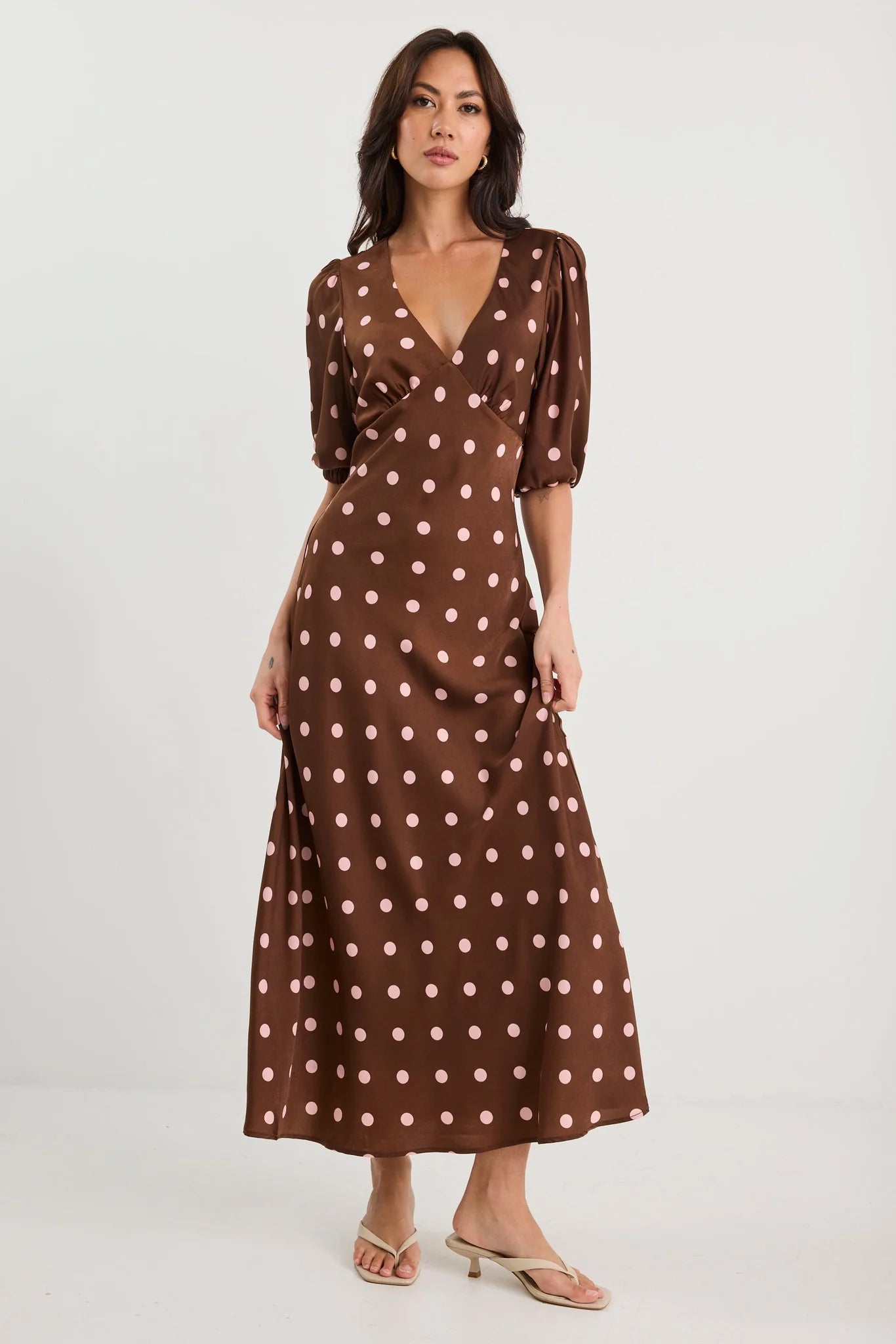 Paramour Chocolate Polka Dot Satin Puff Short Sleeve Bias Maxi Dress