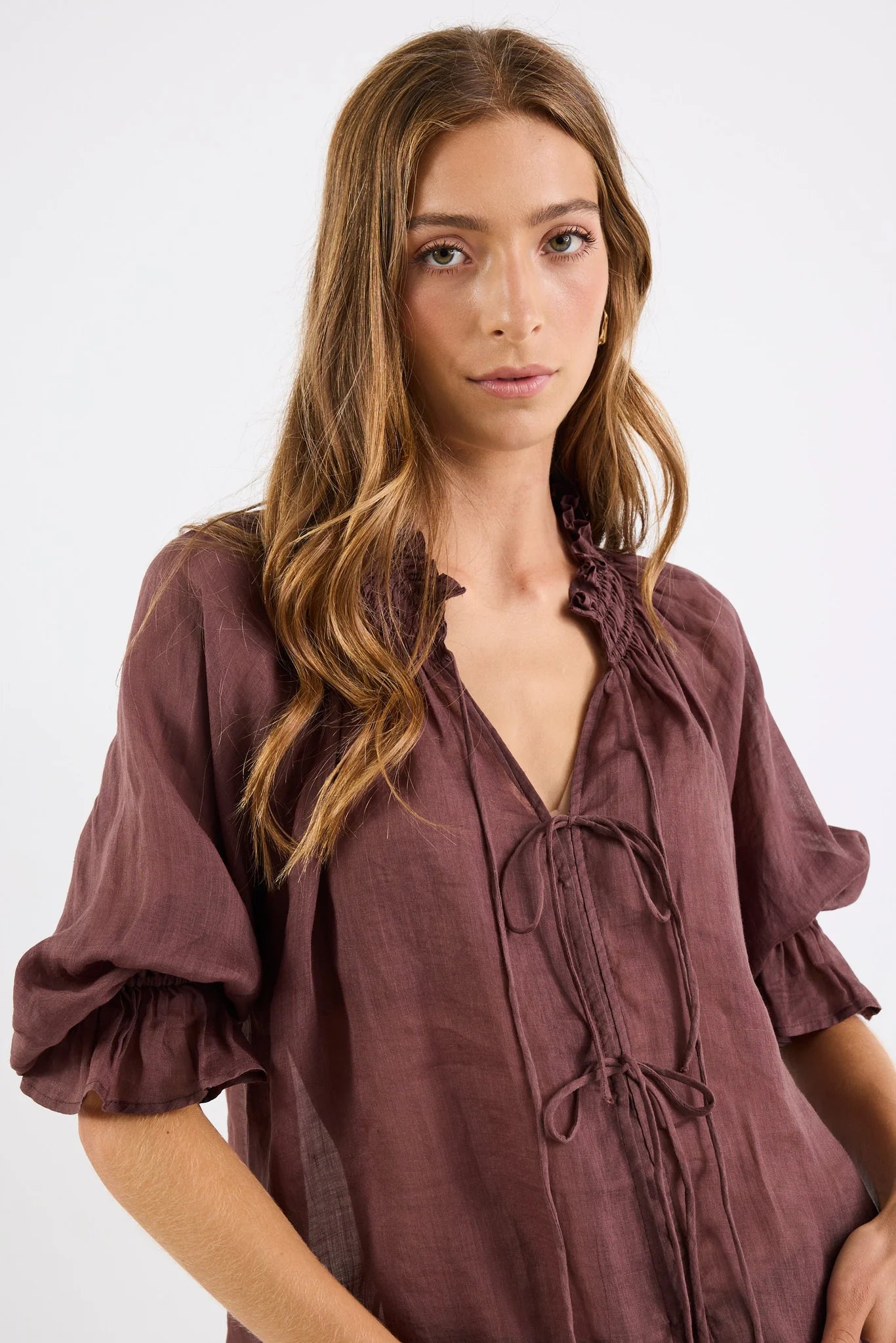 Prospect Chocolate Tie Front Mid Sleeve