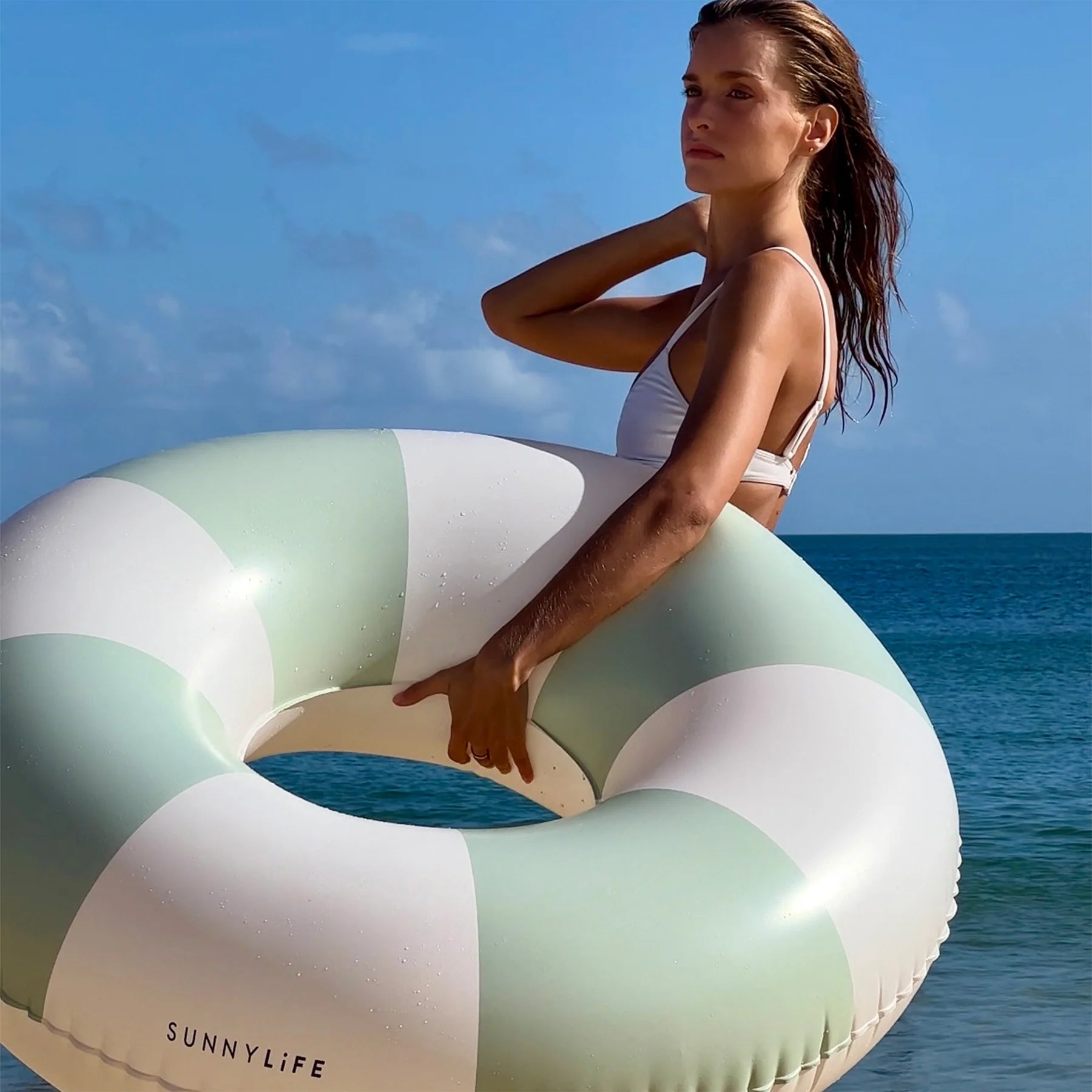 Tube Pool Ring The Vacay Soft Olive Stripe