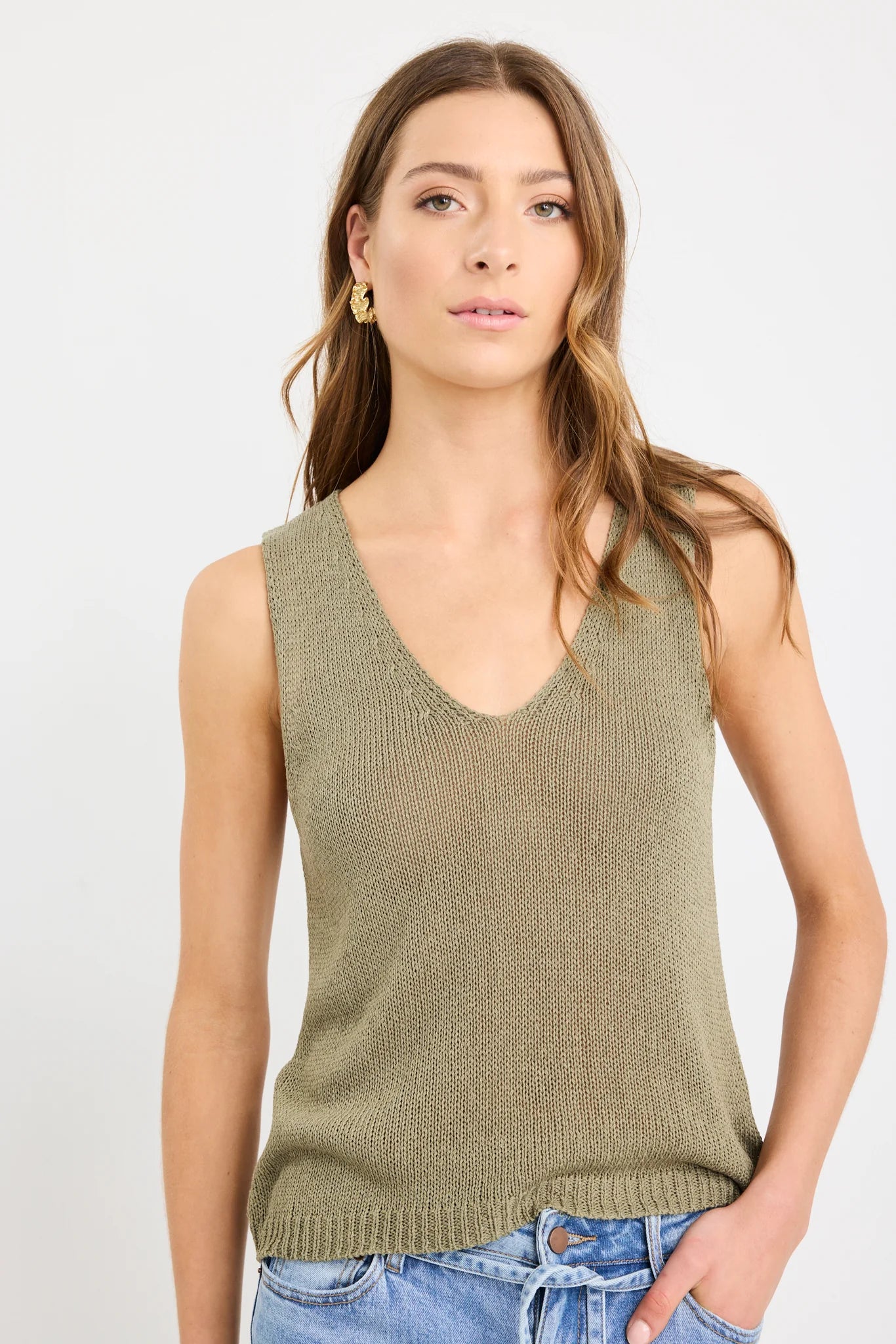 Settler Khaki V Neck Sleeveless Knit Top