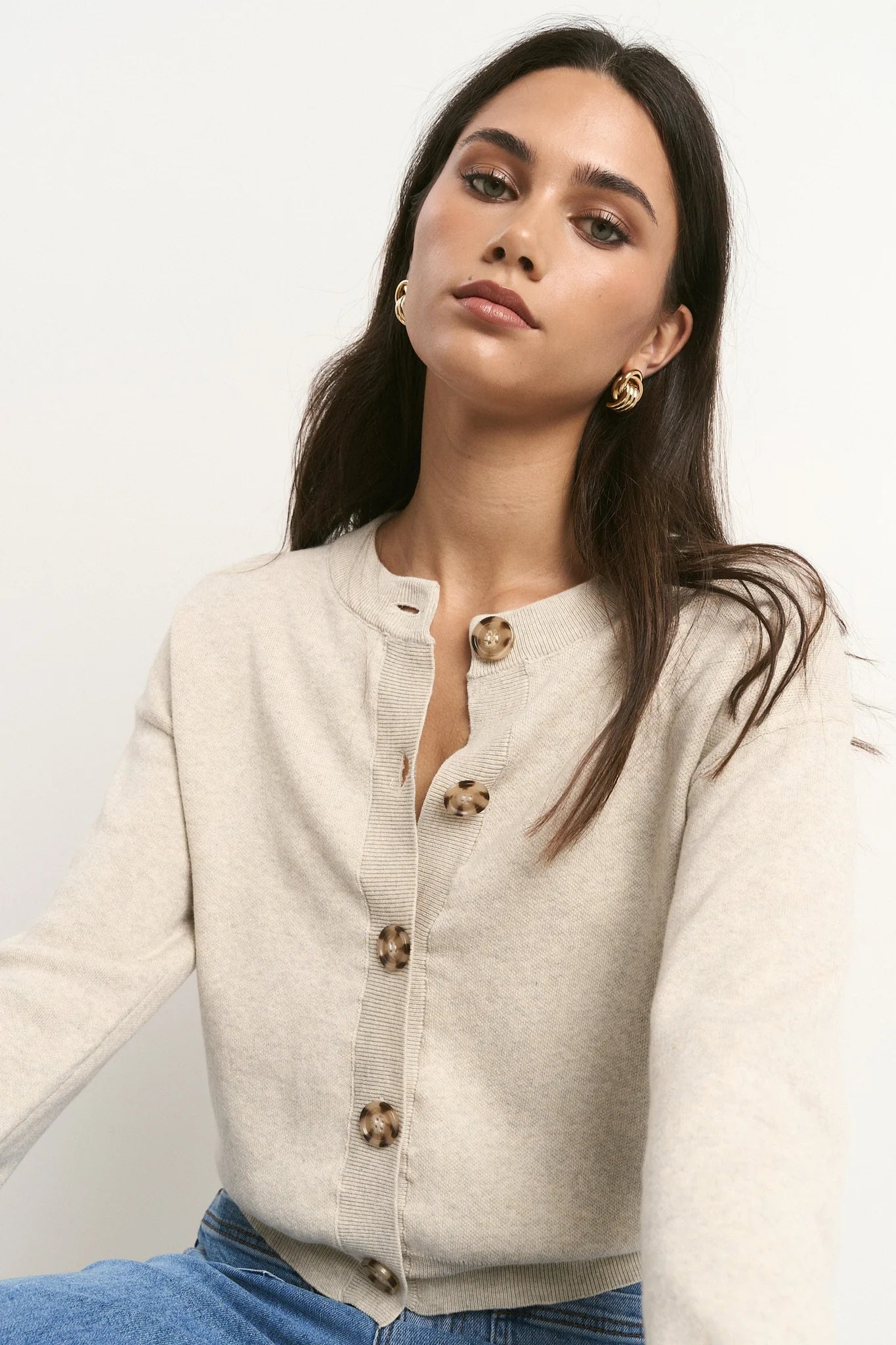 Solar Oat Cotton Fine Knit Crew Cardigan