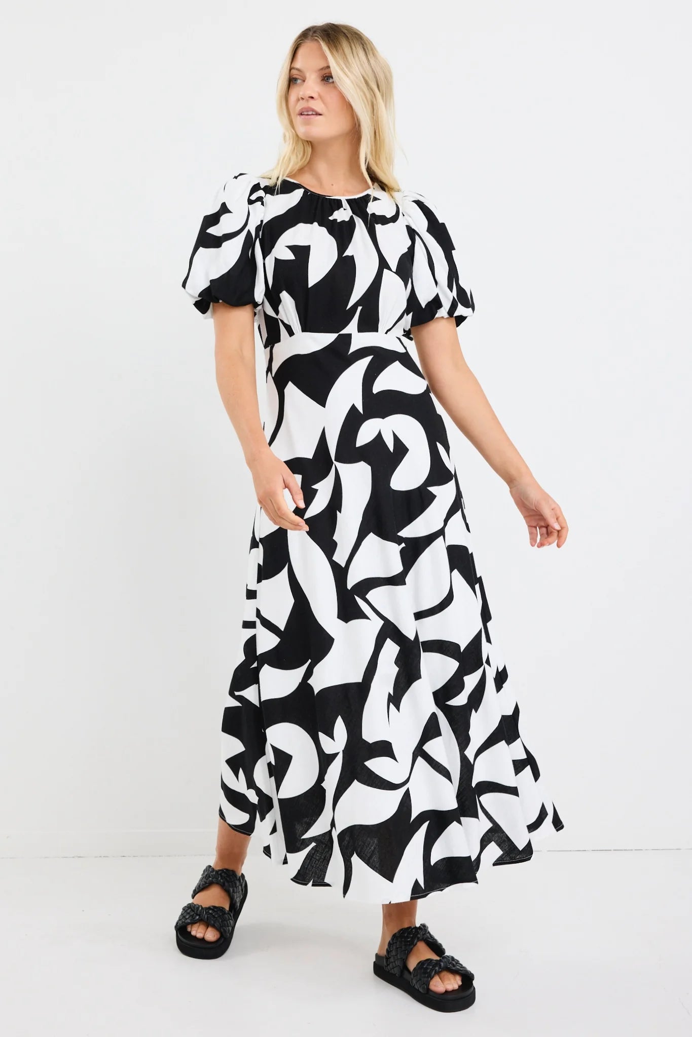 Stage Black Ivory Cut Out Print Puff Sleeve Floaty Maxi Dress