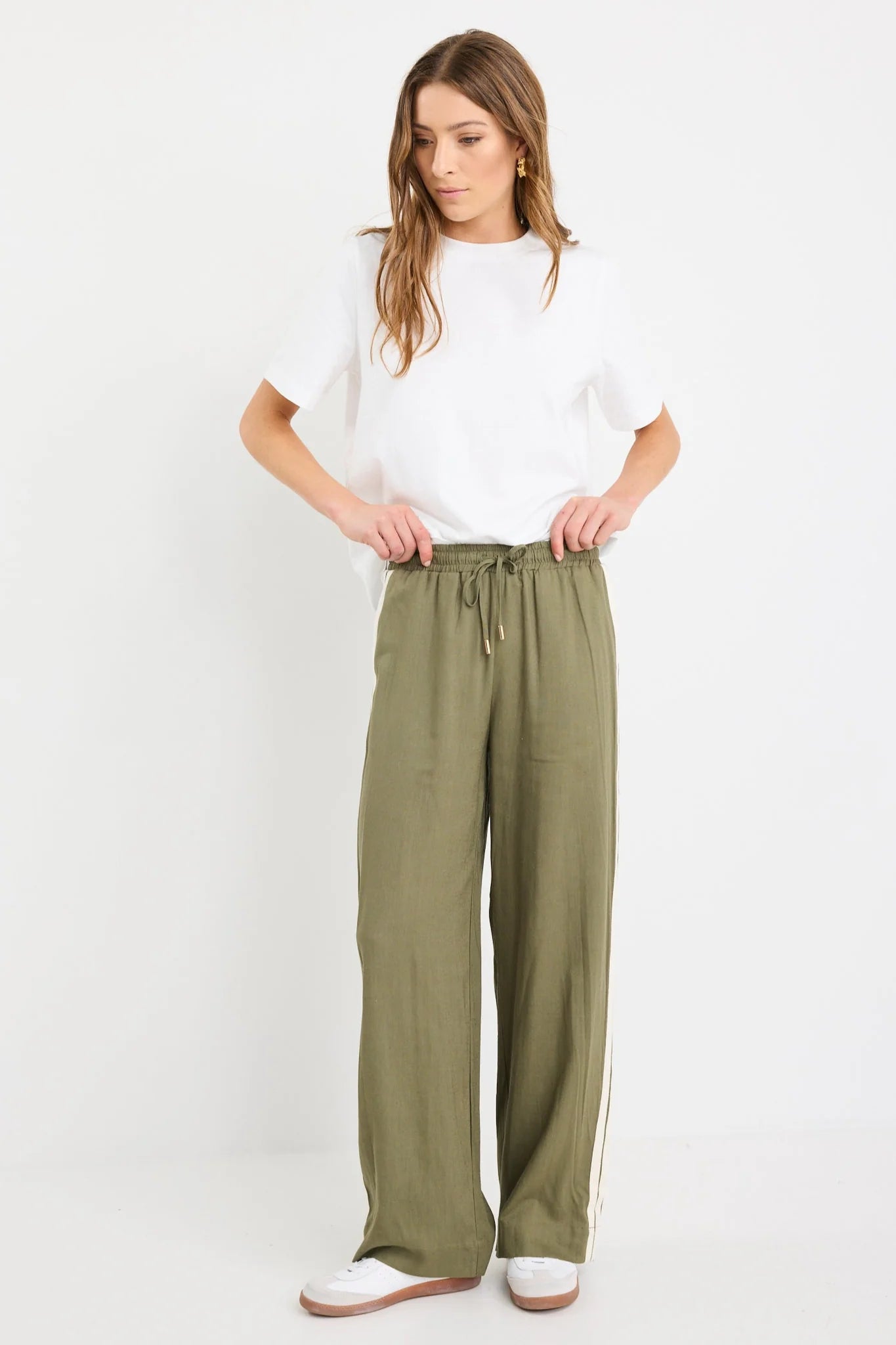 Vibe Khaki Linen Blend Jacquard Stripe Wide Leg Pants