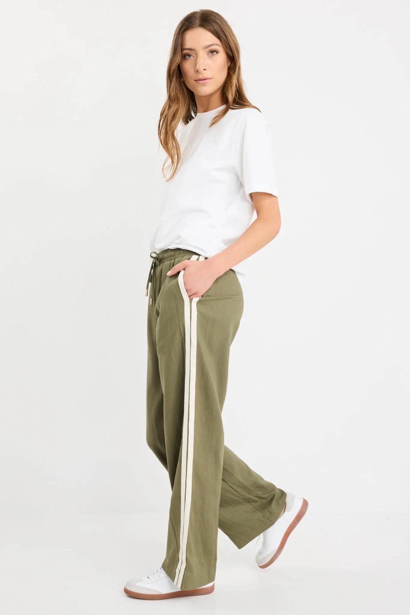Vibe Khaki Linen Blend Jacquard Stripe Wide Leg Pants