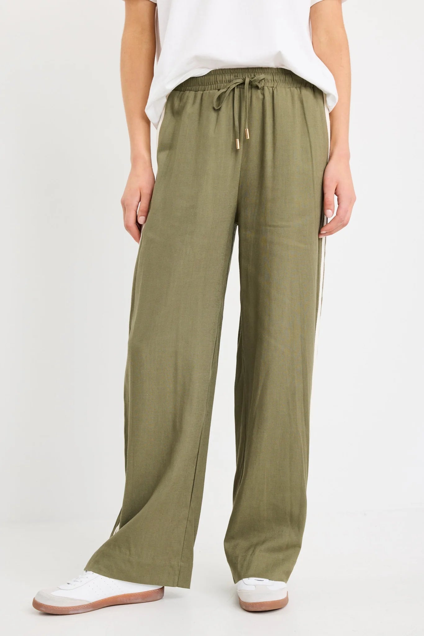 Vibe Khaki Linen Blend Jacquard Stripe Wide Leg Pants