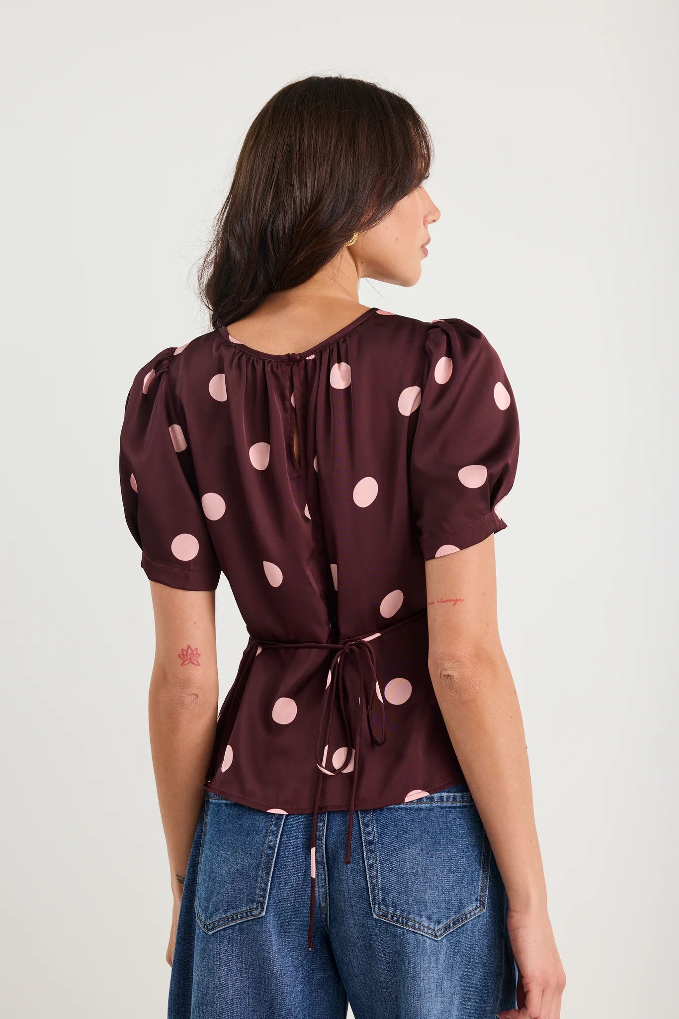 Uplifting Plum Polka Dot Satin Short Sleeve Top