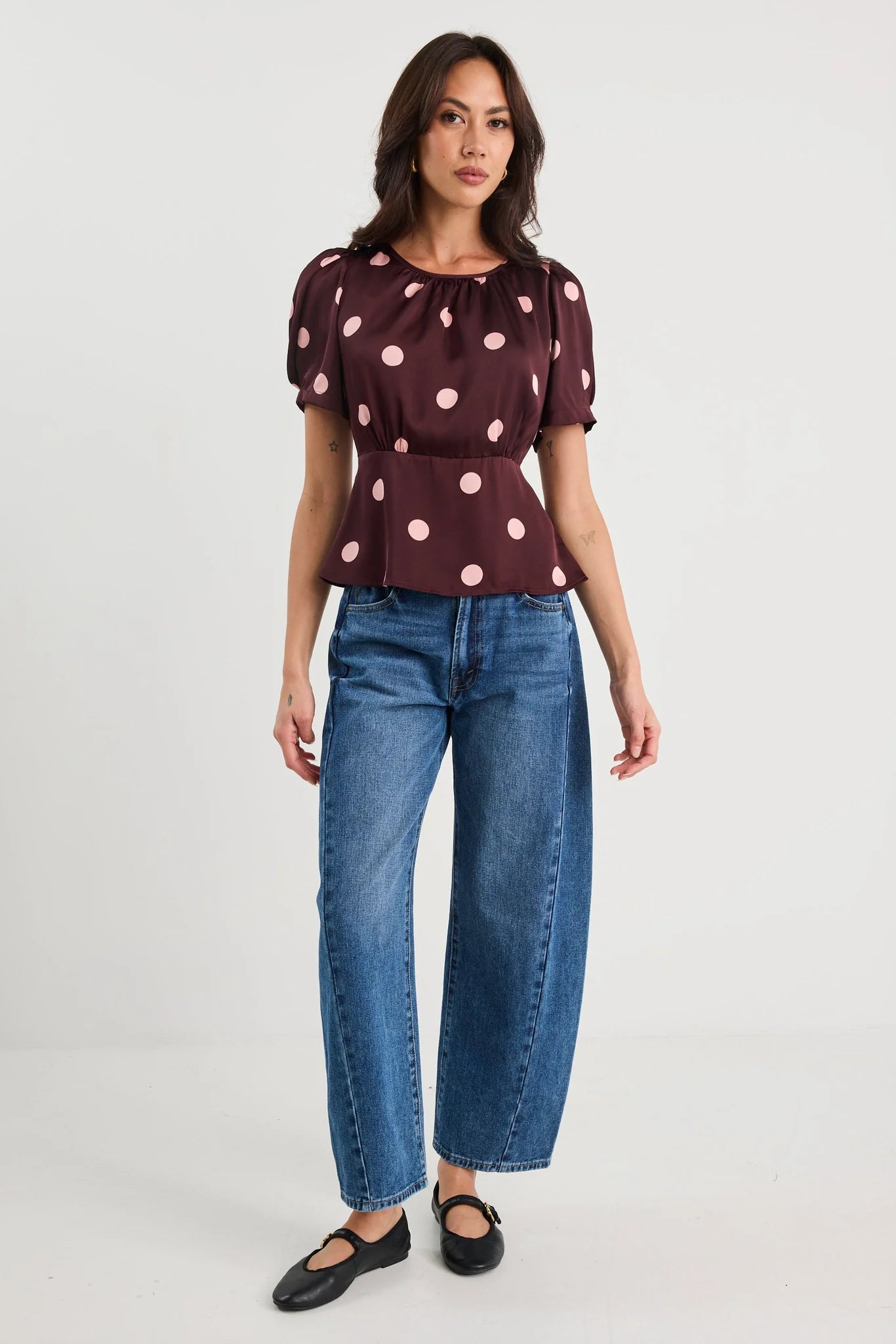 Uplifting Plum Polka Dot Satin Short Sleeve Top