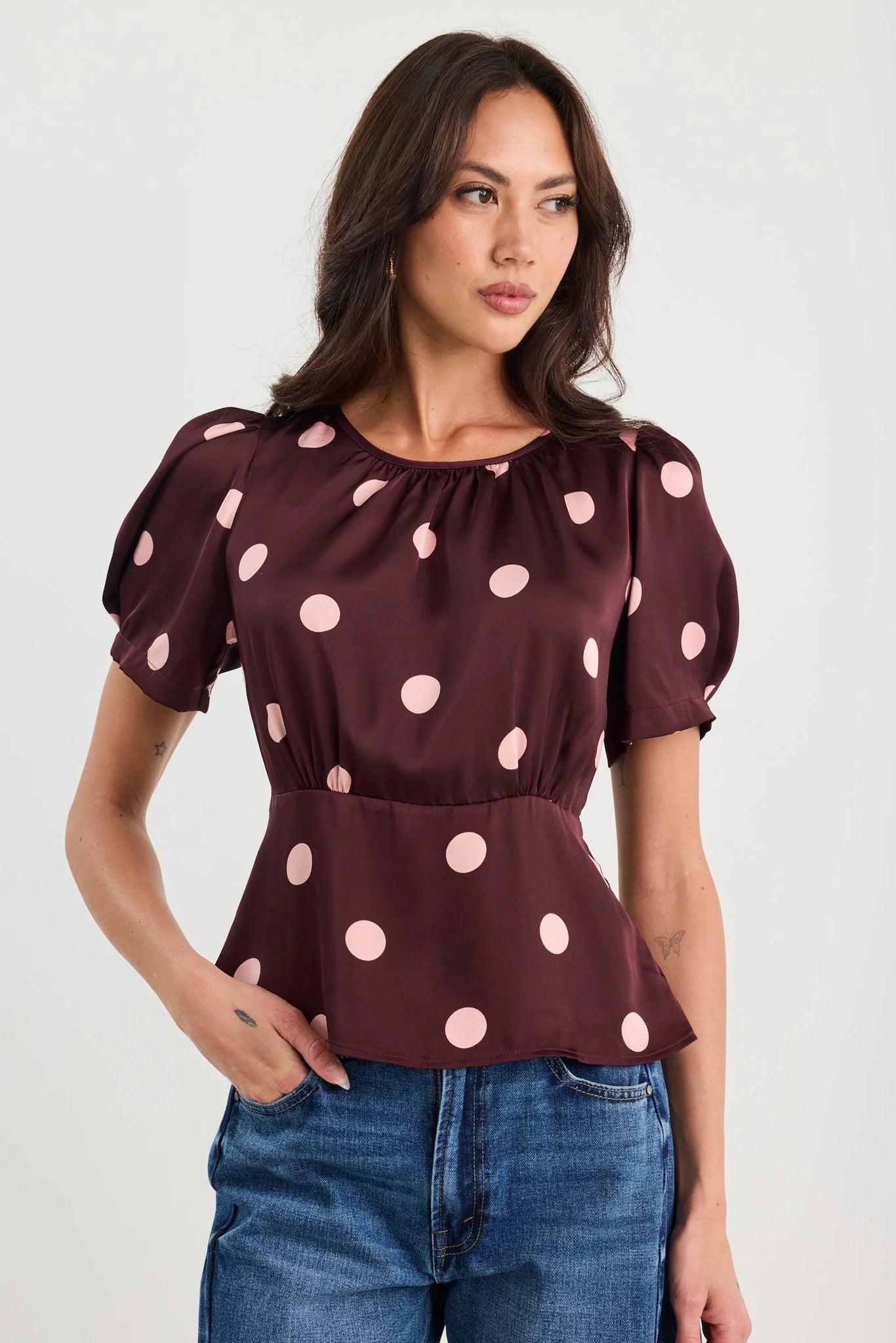 Uplifting Plum Polka Dot Satin Short Sleeve Top