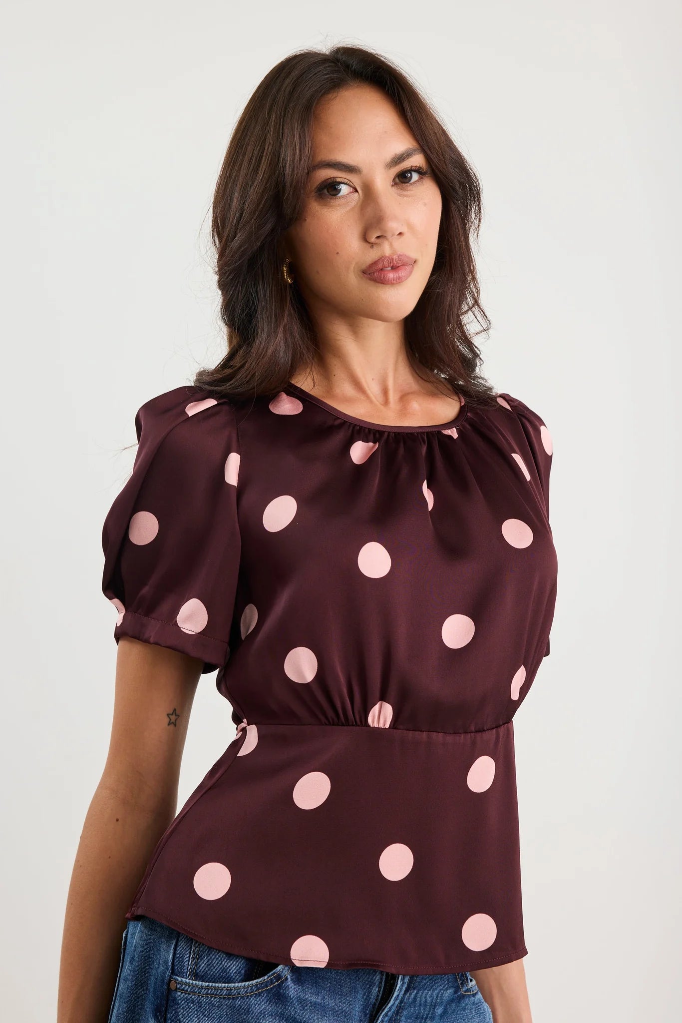 Uplifting Plum Polka Dot Satin Short Sleeve Top