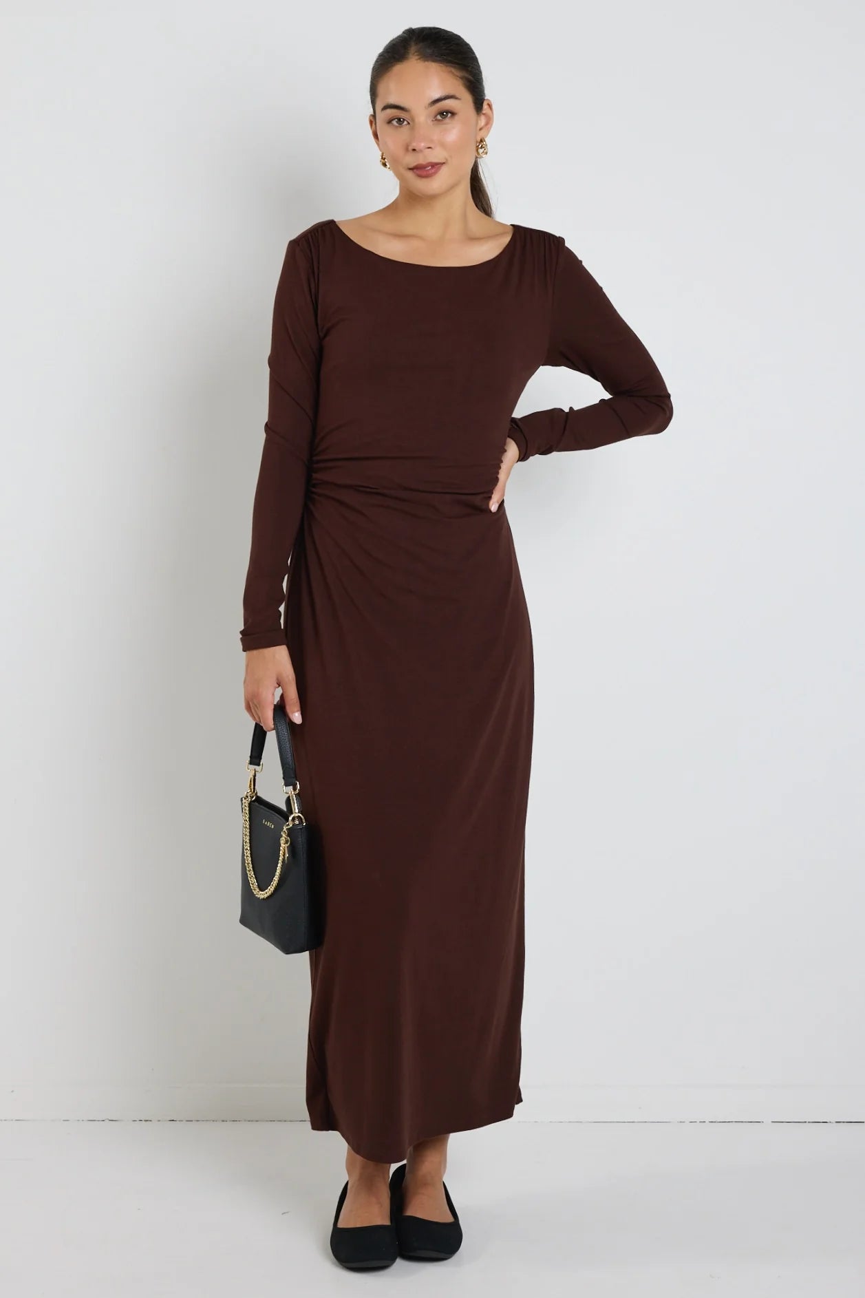 Vertigo Dark Chocolate Jersey LS Midi Dress