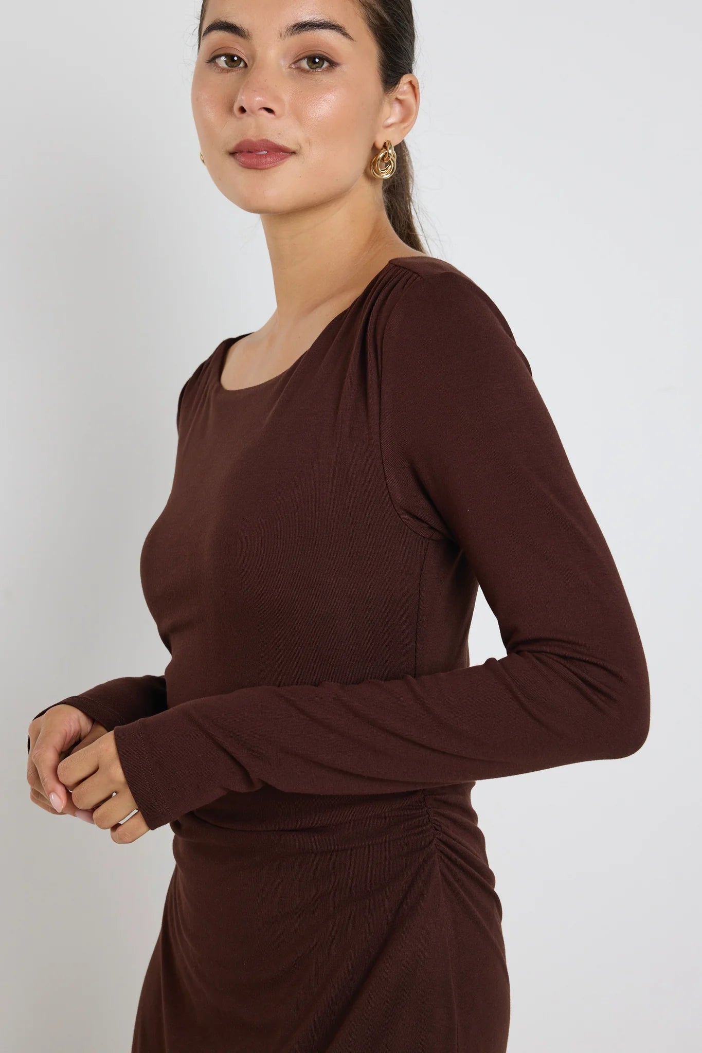Vertigo Dark Chocolate Jersey LS Midi Dress