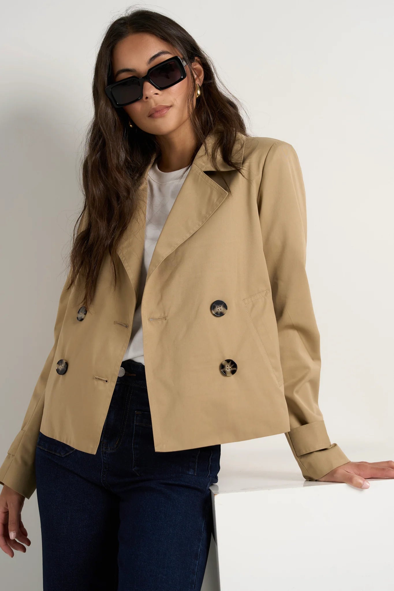 Pathway Camel Cropped Trench Jacket